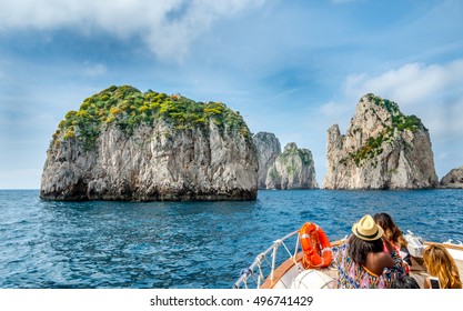 Boat View Of Faraglioni Cliffs At The Isle Of Capri, Italy.