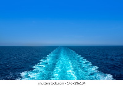 Boat Wake Ferry Cruise Wash Foam In Blue Ocean Sea