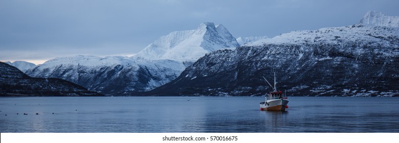 Boat In A Winter Fjord, Norway