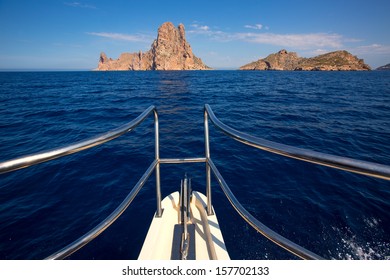 Boating sailing in Ibiza near es Vedra island on Mediterranean sea of Balearic