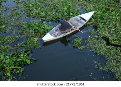A boatman in a weed-filled canal in Thailand