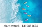 Boats from air. Aerial view on sea in Turkey. Summer seascape with clear water in sunny day. Top view of boats from drone. Summer seascape from air. Travel - image