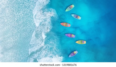 Boats from air. Aerial view on sea in Turkey. Summer seascape with clear water in sunny day. Top view of boats from drone. Summer seascape from air. Travel - image - Shutterstock ID 1319881676