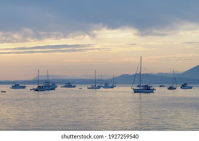 Boats At Anchor, Sidney Spit, Gulf Islands National Park Reserve Of Canada