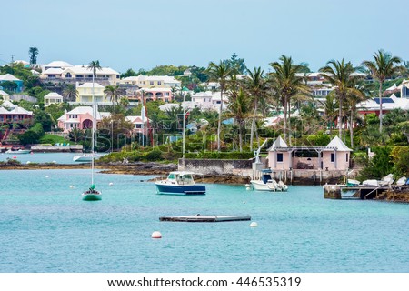 Boats and colorful architecture along the shoreline in Hamilton Bermuda. Сток-фото © 