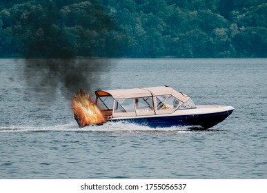 The Boat's Engine Caught Fire. Motor Boat Used For Tourist Tours