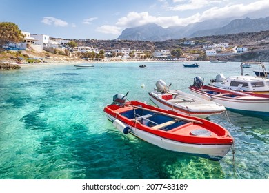 Boats At Greek Fishing Village With Beach, Lefkos, Greek Islands