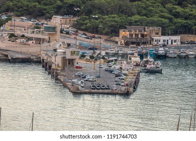 Boats In The Harbour With The Gozo Ferry Mgarr.Horizontal. Above View  September 2018