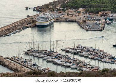 Boats In The Harbour With The Gozo Ferry Mgarr.Horizontal. Above View  September 2018