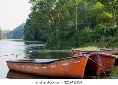 Boats And Lake In Natural Lake View With Calm Lake Water