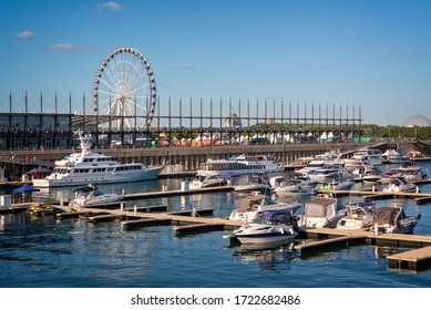 Boats in a marina in the old port of Montreal, Quebec, Canada