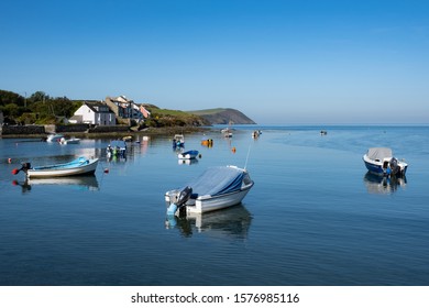 Boats Moored In Newport Bay In Pembrokeshire On A Summers Day.