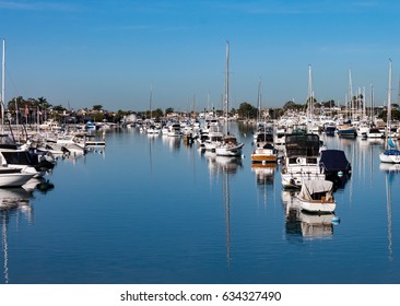 Boats Moored In Newport Beach Harbor California On A Sunny Day