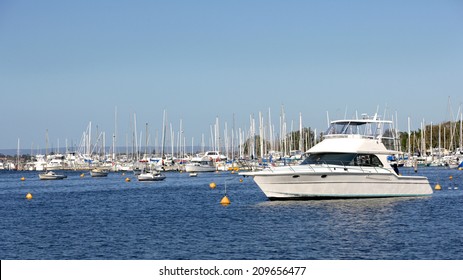 Boats Moored In The Swan River, In Perth, Western Australia.