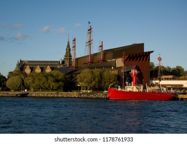 Boats, Museums And Landmarks On Djurgården Island At Sunset In Stockholm