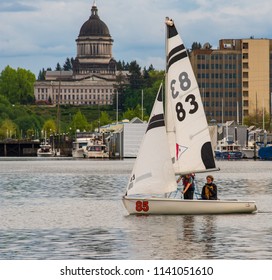 boats on the bay in Olympia Washington with a view of the legislative building on june 17 2018