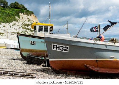 Boats On The Beach At Beer, Sidmouth, Dorset UK. June 2017