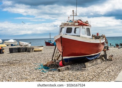 Boats On The Beach At Beer, Sidmouth, Dorset UK. June 2017