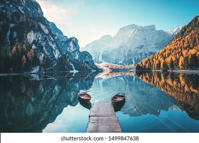 Boats the Braies Lake ( Pragser Wildsee ) in Dolomites mountains  Sudtirol  Italy