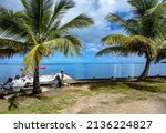 Boats on jetty, Morne Rouge, Basse-Terre, Guadeloupe, Lesser Antilles, Caribbean. 