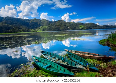 Boats on Pokhara Fewa Lake in Nepal