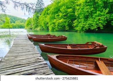 Boats in Plitvice lakes and pier, Croatia. Plitvice national park