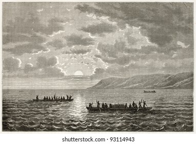 Boats sailing Alberta lake. Created by Grandsire after Baker, published on Le Tour du Monde, Paris, 1867