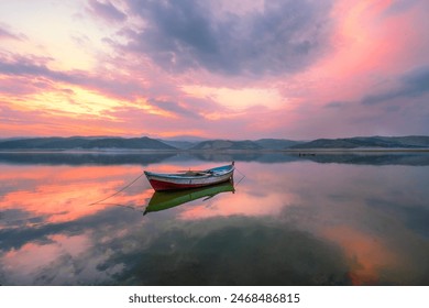 boats waiting in the reflective water clouds in the sky sunset colors - Powered by Shutterstock