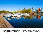 Boats and yachts on the Erdre river dock in Nantes city, France