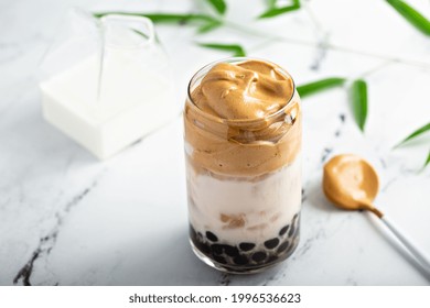 Boba Dalgona Coffee With Tapioca Pearls, Milk And Whipped Coffee