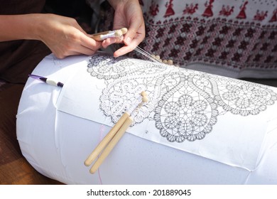 Bobbin Lace Making Outdoors Closeup