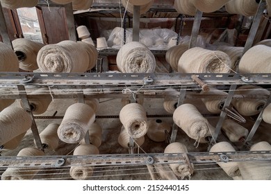 The Bobbins Of Merino Wool Yarn Ready For The Processing Of Spanish Merino Wool Blankets