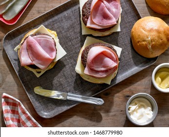 The Bobby Flay Ground Chuck Burger With Ham And Cheese
