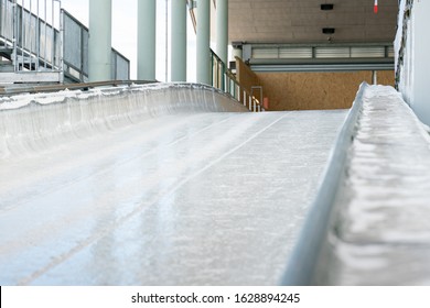 Bobsleigh Ice Channel In Winterberg. The Digital Clock Measures The Speed. Start Position.