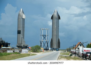 Boca Chica, Texas USA: Circa July 2021  
SpaceX Starships In Launch Position At The Boca Chica Starbase
