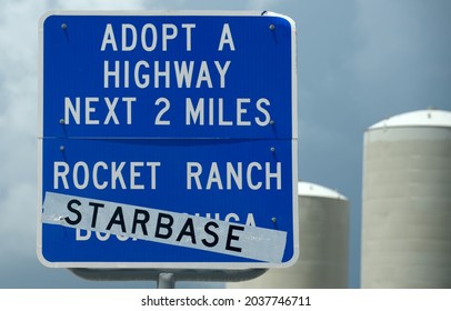 Boca Chica, Texas USA: Circa July 2021   

Roadsign Pointing To The New SpaceX Starbase
