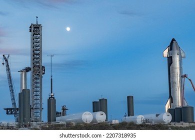 BOCA CHICA, TEXAS, USA - SEPTEMBER 9, 2022: SpaceX Starbase, With Starship Vehicles, Heavy Boosters And Launch Facilities.