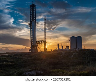 BOCA CHICA, TX  USA - SEPTEMBER 9, 2022: SpaceX Starbase, With Starship Vehicles, Heavy Boosters And Launch Facilities.