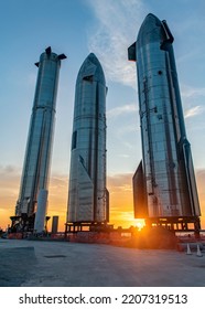 BOCA CHICA, TX  USA - SEPTEMBER 9, 2022: SpaceX Starbase, With Starship Vehicles, Heavy Boosters And Launch Facilities.