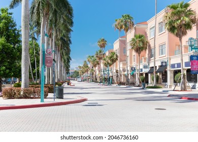 BOCA RATON FLORIDA, UNITED STATES - May 30, 2021: A view of a big shopping and entertainment district in the affluent downtown  Boca Raton Florida