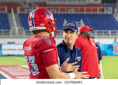 Boca Raton, Florida/USA - November 09, 2019: Florida Atlantic Owls Vs Panthers FIU University Football Game 5. NCAA College Football Conference 2019. The Shula Bowl Trophy. FAU Football Stadium, FL