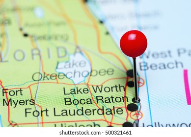 Boca Raton pinned on a map of Florida, USA
