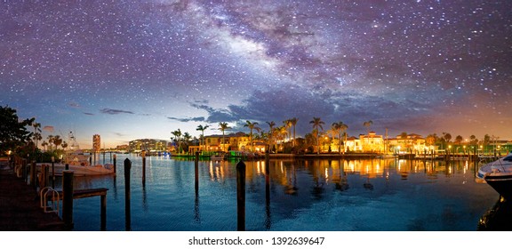 Boca Raton Skyline And Reflections On A Starry Night, Florida.