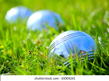 Bocce Ball On A Green Grass. Close Up With Shallow Dof.