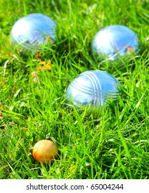 Bocce Ball On A Green Grass. Close Up With Shallow Dof.