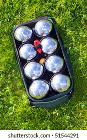 Bocce Balls On A Green Grass.