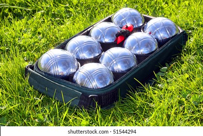 Bocce Balls On A Green Grass.