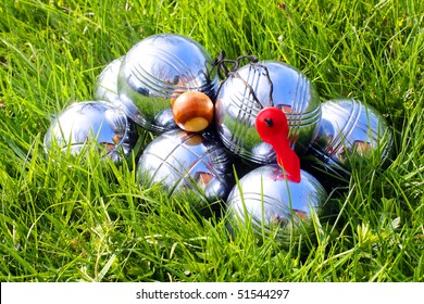 Bocce Balls On A Green Grass.