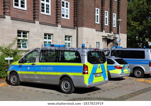 BOCHUM, GERMANY - SEPTEMBER 17,\
2020: German police vehicle parked in Bochum. North\
Rhine-Westphalia Police (Polizei Nordrhein-Westfalen) employs\
42,000 officers.
