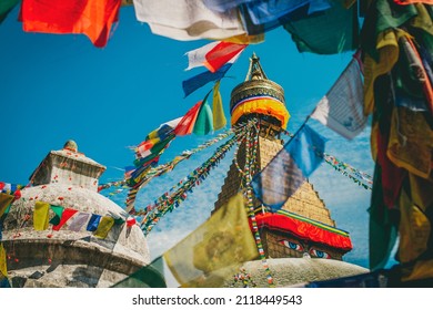 Bodhnath Stupa with dove in summer Kathmandu Nepal
